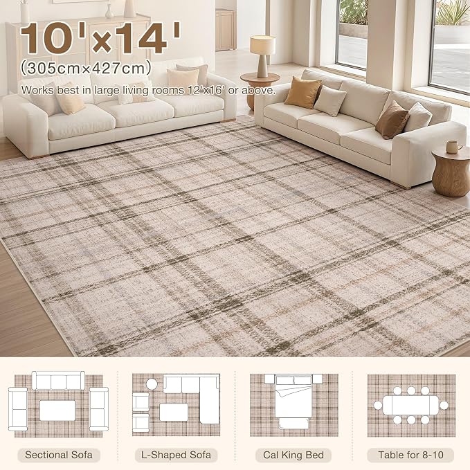 Tortania Area Rug Living Room Rugs - 10x14 Washable Large Soft Neutral Boho Moroccan Bohemian Farmhouse Rug Indoor Floor Carpet for Bedroom Under Dining Table Home Office Decor - Taupe