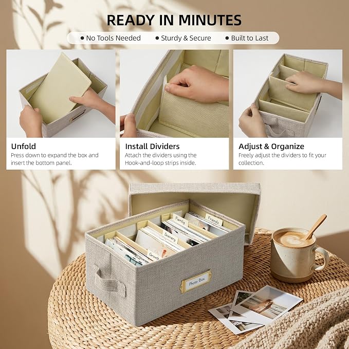 Linen Photo Storage Box with Adjustable Hook and Loop Dividers, Holds 850 4"x6" Photos, Collapsible Picture Organizer with Handle and Label Stickers, Memory Keepsake Box for Women, Beige