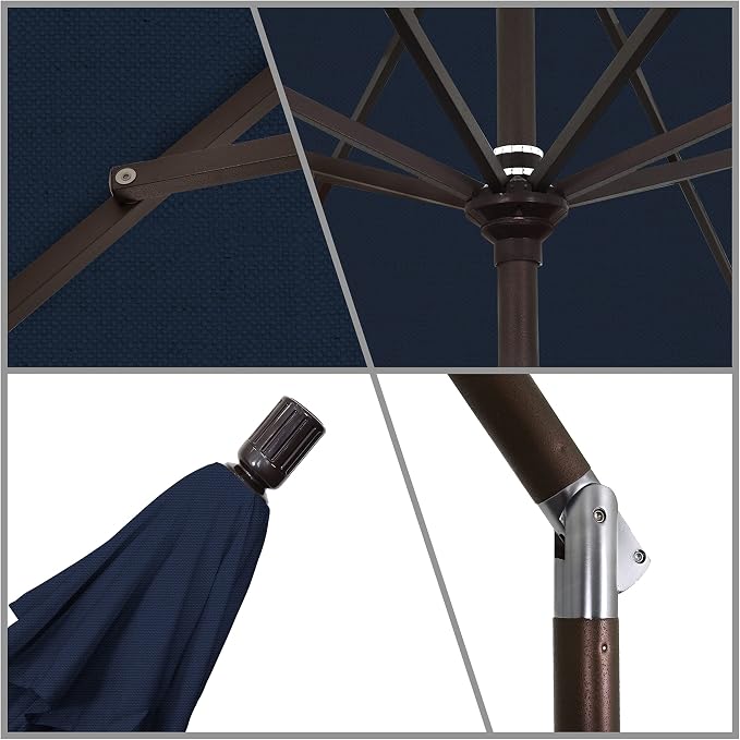 California Umbrella 9' Round Aluminum Market Umbrella, Crank Lift, Collar Tilt, Bronze Pole, Navy Blue Olefin