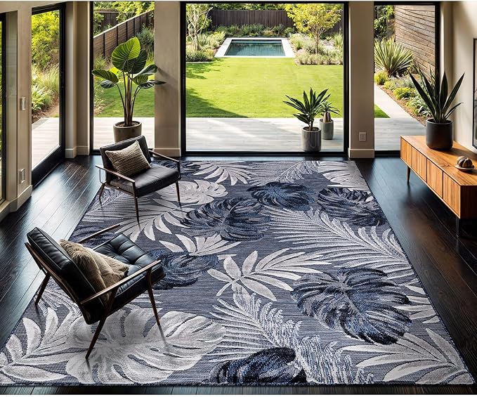 CAMILSON Indoor Outdoor Rug, Navy Blue 9’x12’ Leaf Tropical Botanical Area Rugs for Indoor and Outdoor patios, Easy-Cleaning Non-Shedding Living Room Garden and Kitchen Washable Outside Carpet (9x12)