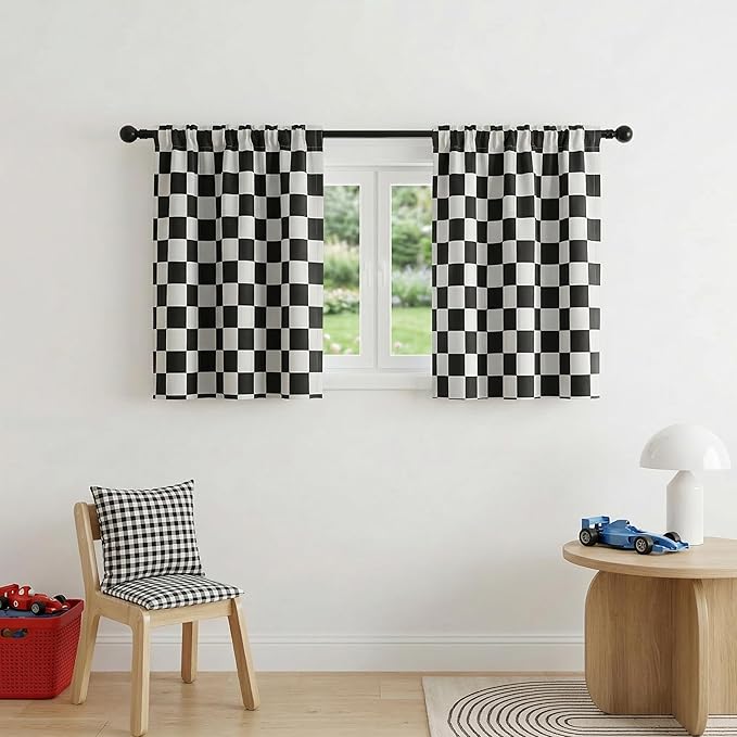 Rod Pocket & Back Tab Checkered Curtains, 100% Blackout, Race car Flag Checkerboard Curtains, Thermal Insulated, Noise Reducing, 3-inch Checkered, 2 Panels, Each W42×L36