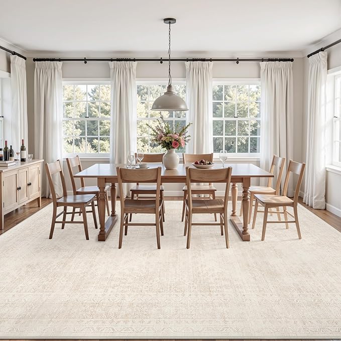 Area Rugs 9x12 Living Room: Bedroom Neutral Washable Carpet Beige | Large Vintage Boho Indoor Decor Carpets Soft Nursery Farmhouse Dining Room Office Floor Non-Slip Low Pile Under Table Rug