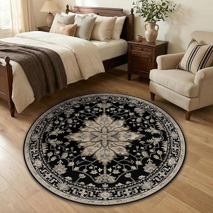 RELEANY Washable Area Rug, Round 4ft, Black/Neutral | Non-Slip, Water Repellent, Pet Friendly, Easy to Clean, Vintage Floral Boho Decor for Living Room Bedroom Dining Room Entry