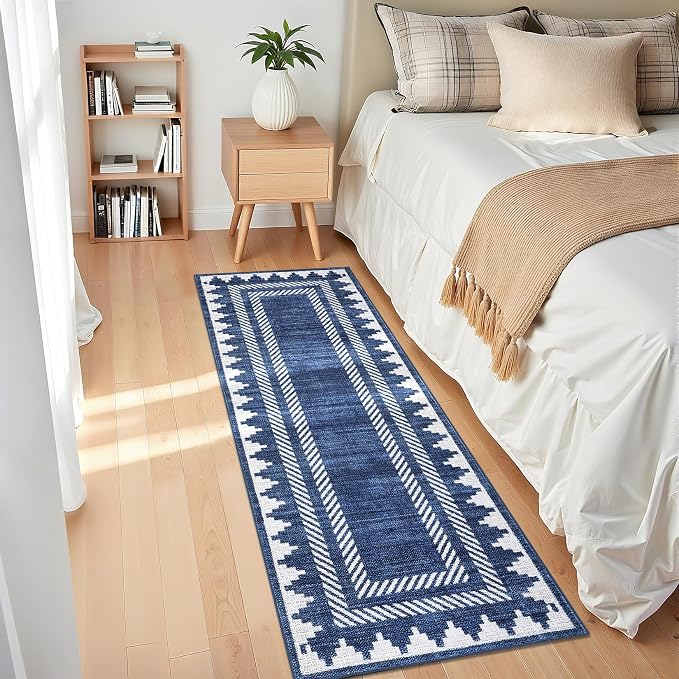 GarveeHome Modern Geometric Runner Rug 2x6 Washable Hallway Runner Bordered Neutral Bathroom Rug Non Slip, Non Shedding Stain-Resistant Kitchen Mat, Soft Low Pile Neutral Carpet for Laundry, Blue