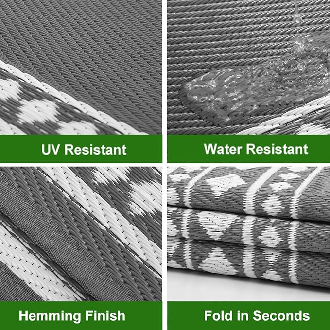 RURALITY Outdoor Rug 9x12 Waterproof for Patio Clearance,Large Plastic Straw Mat for Camping,Porch,RV,Grey and White