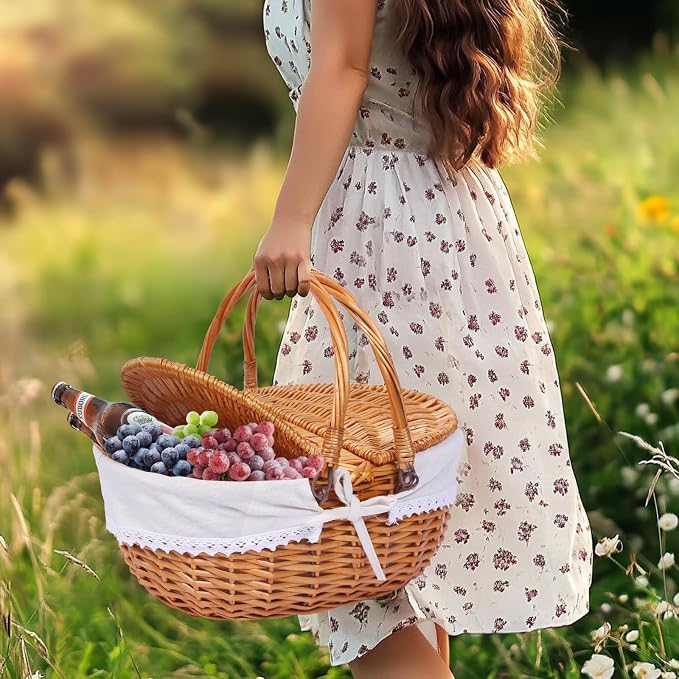 Wicker Picnic Basket with Handle, 15" Large Picnic Basket with Lid & Removable Liner, Vintage Hand Woven Basket with Cutlery Set for Picnics, Camping, Thanksgiving, and Birthday