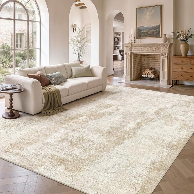 UERMEI 10x12 Area Rug for Living Room Washable Abstract Beige Carpet | Low Pile Non-Slip Soft Neutral Modern Kid Pet Friendly Large Rugs For Bedroom Dining Room Nursery Office Indoor Decor