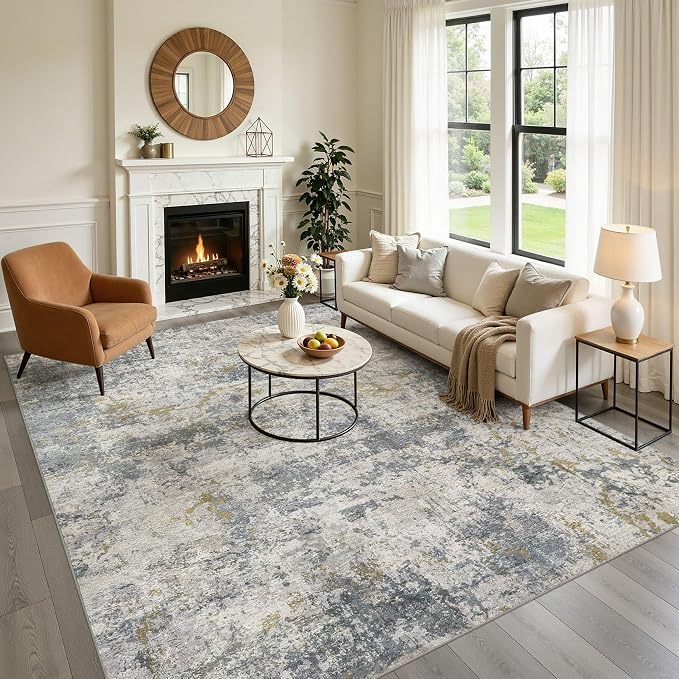 kakania Washable 8x10 Area Rug for Living Room: Abstract Modern Home Decor | Soft Stain Resistant, Low-Pile, Non-Slip, Pet & Kid Friendly, Thin Rug for Bedroom/Dining Room/Kids Dorm - Blue Grey