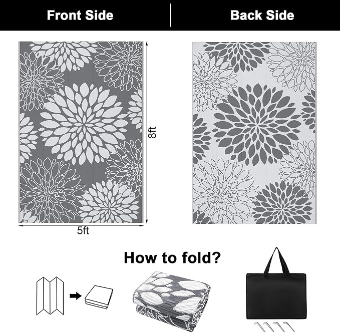 Ileading Waterproof Outdoor Rug 5x8, Reversible Plastic Straw Patio Rug, Portable Indoor Outdoor RV Camping Mat Carpet for Deck, Porch, Balcony, Backyard, Picnic, Floral Grey