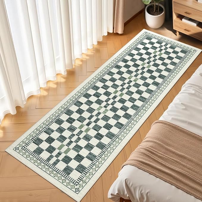 GarveeHome 2x6 Runner Rug for Bathroom Modern Abstract Checkered Carpet | Contemporary Non-Slip Low Pile Throw Rugs Easy-Clean Sage Green Long Runners Premium Soft Area Rug for Kitchen Hallway