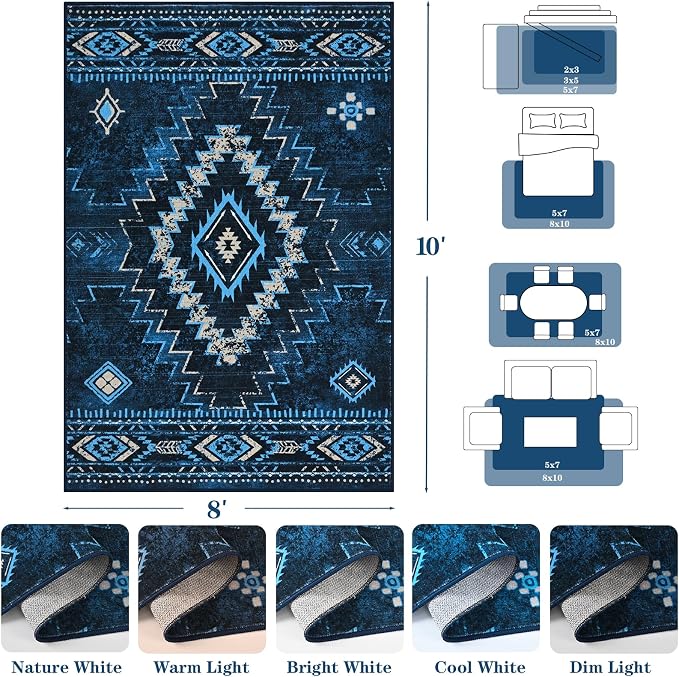 Yinhua Western 8x10 Rugs for Living Room, Morrocan Washable Rugs Non Slip | Low-Pile Blue Rug for Bedroom, Aztec Large Area Rug Non-Slip with Rubber Backing, Soft Non-Shedding Carpet for Office Nursery