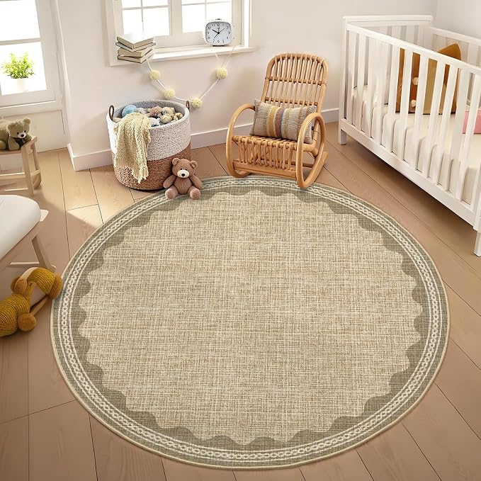 GarveeHome Scalloped Jute Print 4 ft Round Rug Washable Non-Slip Soft Ultra-Thin Small Circle Modern Cottage Core Solid Tan Carpet for Entryway Kitchen Bedroom Nursery Dining Room Tan