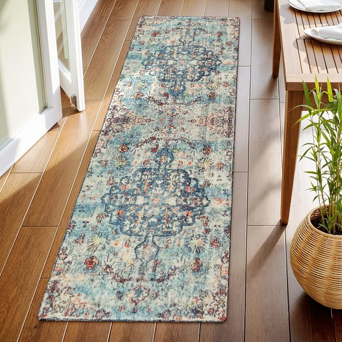 Lahome Reine Bohemian Floral Medallion Runner Rug - 2x6 Hallway Laundry Rug Runner Washable Kitchen Sink Mat Distressed Turkish Non-Slip Soft Bedside Carpet for Doorway Bedroom, Vintage Teal/Multi