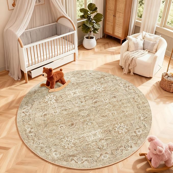 4ft Round Washable Rugs for Bedroom: Circle Living Room Rug Boho Non Slip Low Pile Soft Faux Wool Non Shedding Small Carpet for Kitchen Entryway Bathroom Bedside Office College Dorm Kids Room Entrance