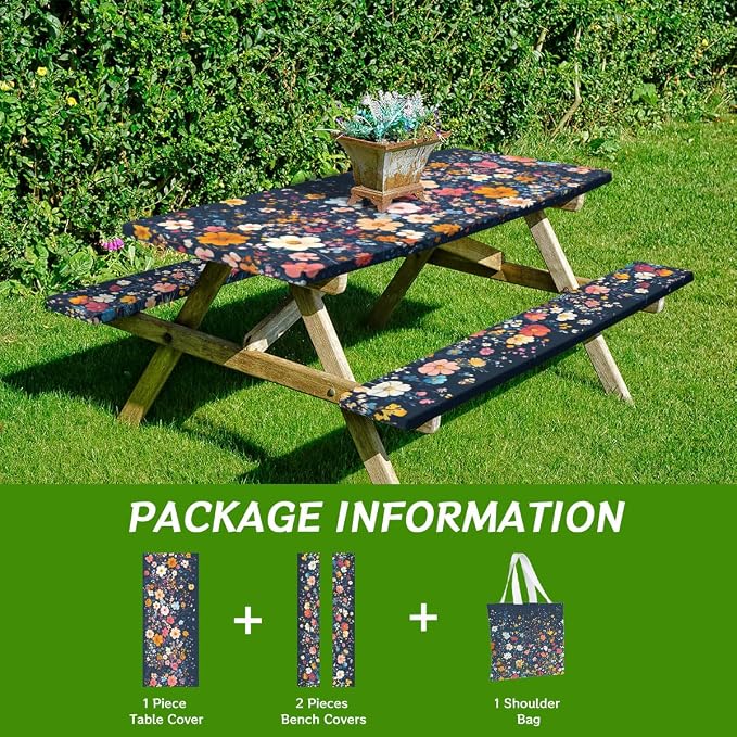 French Flowers Picnic Table Cover with Bench Covers and Carrying Bag, Vintage Berry Garden Rectangle Table Cover Outdoor Patio Camping Essentials 72 inch 4PCS Camping Fitted Tablecloth