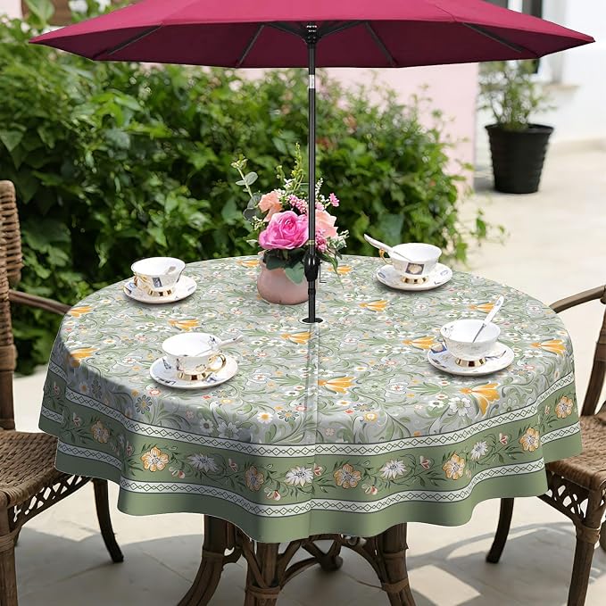 Green Print Outdoor Tablecloth with Umbrella Hole 60" x 60" Waterproof Zipper Table Cloth for Patio Table - Ideal Tablecloths for Picnics, Camping, and Yard Use