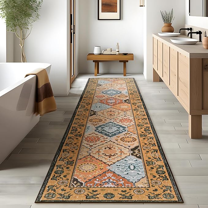 Phantoscope Washable Runner Rug 2'x10' Non-Slip, Vintage Boho Hallway Rugs for Entryway, Stair, Bedroom, Distressed Moroccan Mosaic Diamond Pattern, Low-Pile Foldable Floor Carpet, Terracotta/Rust
