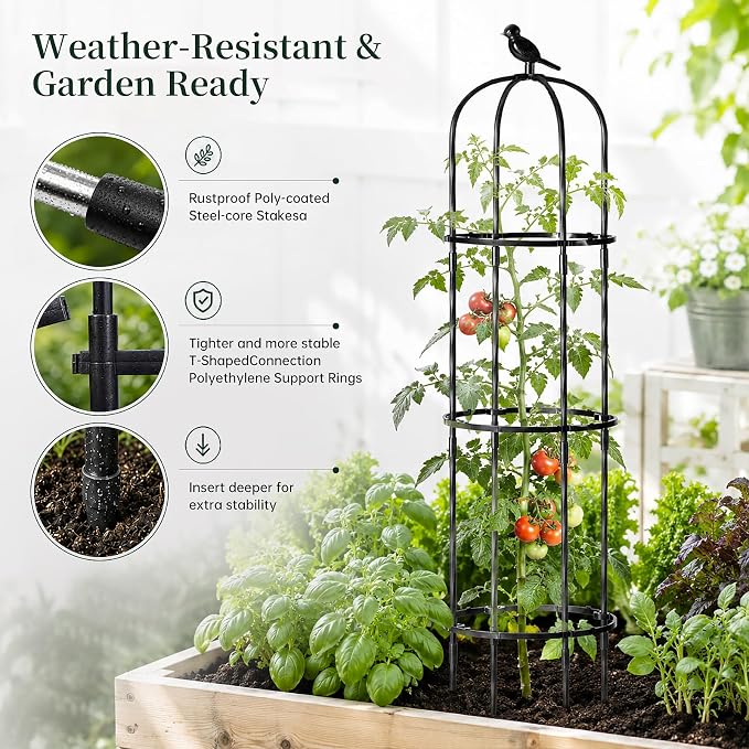 FOLLOOK Garden Obelisk Trellis for Climbing Plants Outdoor, Lightweight Climbing Plant Support Flower Roses Clematis Vegetable Light Vines Round Trellis for Raised Garden Bed Planter, Black, 1 Pack