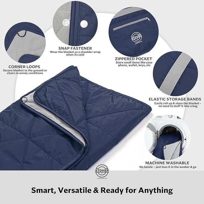 STOVER Large Waterproof Outdoor Stadium Blanket- Extra Thick Soft Fleece Camping Blanket for Travel, Picnics, Sports, Dogs 79"x55", Warm, Windproof, Sand-Proof, Lightweight, Packable (Victory Blue)