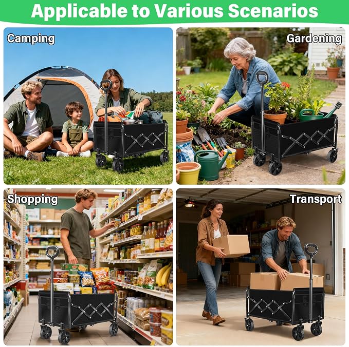 Collapsible Wagons Carts Foldable Wagon,360lbs Folding Wagon Cart with Wheels, Lightweight Foldable Cart with Drink Holders for Camping Picnic Grocery Shopping Garden Travel Sports