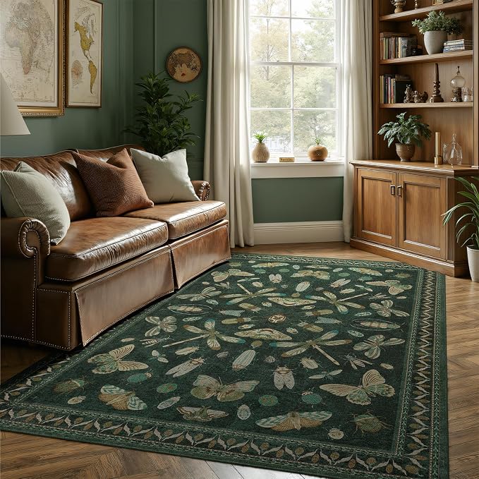 DCX 4x6 Washable Bug Rug for Living Room, Soft Low Pile Rug, Dark Green | Easy to clean, non-shedding, soft, kid & pet friendly, with a non-slip rubber backing for bedrooms, and nature-themed decor