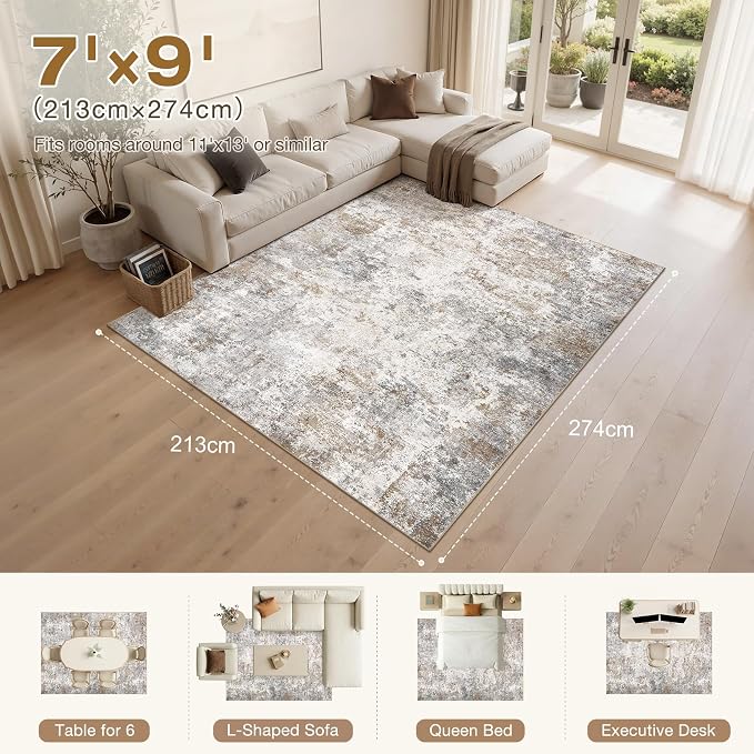 UERMEI 7x9 Area Rug Living Room Rugs - Washable Neutral Modern Abstract Soft Thin Large Rug Indoor Floor No Slip Rug Carpet for Bedroom Under Dining Table Home Office Decor - Brown Grey