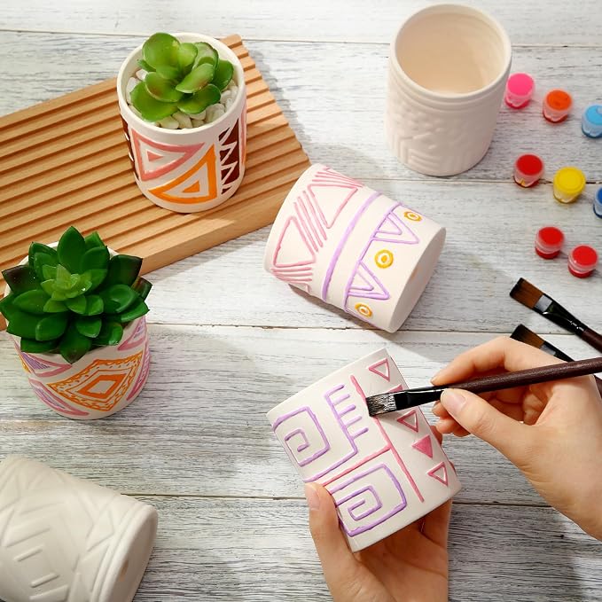 Zubebe 16 Pcs Paint Your Own Flower Ceramic Pots with Drainage Hole, 8 Style Bohemian Unfinished Succulent Pots Painting Kit Mini Paintable Vase for Summer Spring Classroom Craft Gift DIY Art Activity