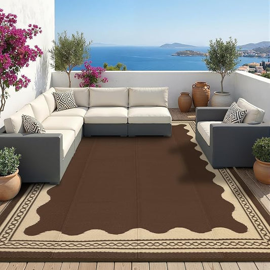 Garvee Outdoor Rug 9x12 Scalloped Waterproof Patio RV Outdoor Rugs Reversible Foldable Plastic Straw Rug Modern Camping Carpet for Deck Camper Porch Balcony Backyard Picnic Beach Brown