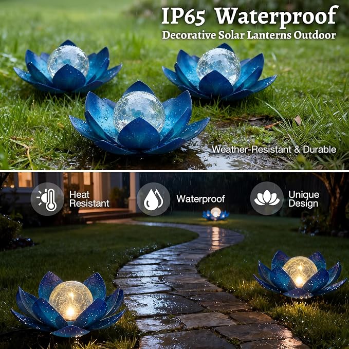 Huaxu Solar Lights Outdoor Garden Decoration Crackle Globe Glass Waterproof LED Metal Blue Lotus Flowers Gift for Mom,Women,Patio,Lawn,Walkway,Tabletop,Ground