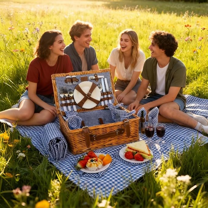 Multifunctional Wicker Picnic Basket Set for 4 Blanket Family Folding Wine Table,Insulated Portable Extra Big Storage Capacity Woven Rattan Canasta De Full Tablewares Camping Outdoor Flowers Blue