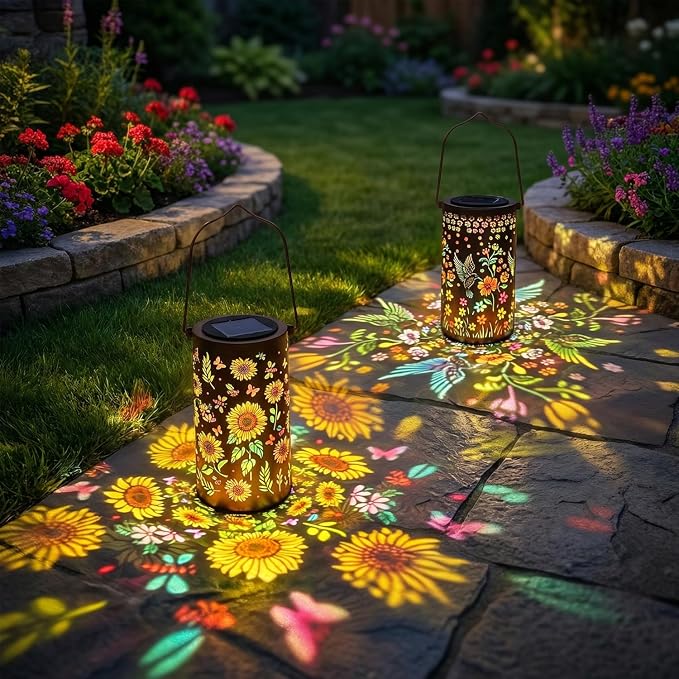 2 Pack Colorful Solar Outdoor Lanterns Waterproof - Sunflower + Hummingbird Solar Lantern Hanging Solar Light for Courtyard & Garden Decor, Ideal Birthday Gifts Mothers Day Gifts for Mom Wife Grandma
