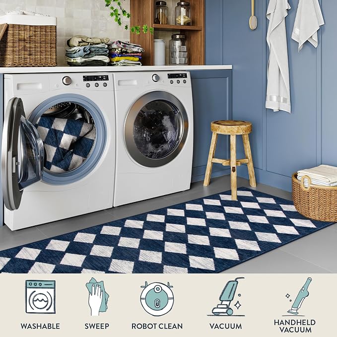Lahome Zelie Checkered Washable Runner Rug,2x6 Rug Runners for Hallways Non Slip,Blue Kitchen Runner Rug,Moroccan Trellis Soft Low Pile Carpet Runners for Entryway Laundry Room Bathroom(2'x6',Blue)