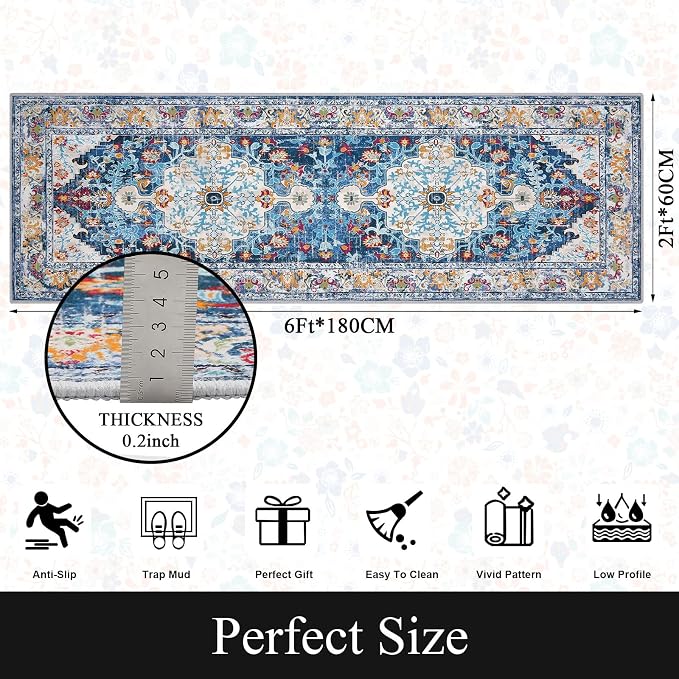 U'Artlines 2' x 6' Boho Hallway Runner Rug Non Slip Washable Runners,Blue | Vintage Farmhouse Kitchen Rug Accent Area Carpet for Entryway Laundry and Living Room
