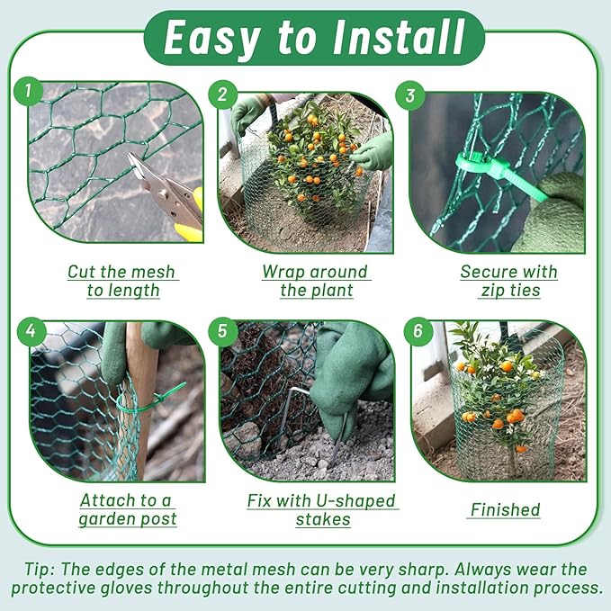 Plant Protectors from Animals, 16.4 x 16In Green PVC Coated Galvanized Chicken Wire Mesh Roll, 0.8mm Free-Cut Plant Cage with Ties, Stakes, Gloves, Pliers & Floral Wire (33Ft*20In)