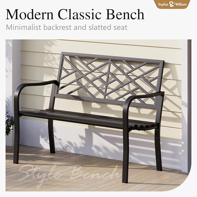 Sophia & William Outdoor Metal Bench Patio Garden Bench, Cast Iron Park Benches for Outside with Minimalist Backrest, Black