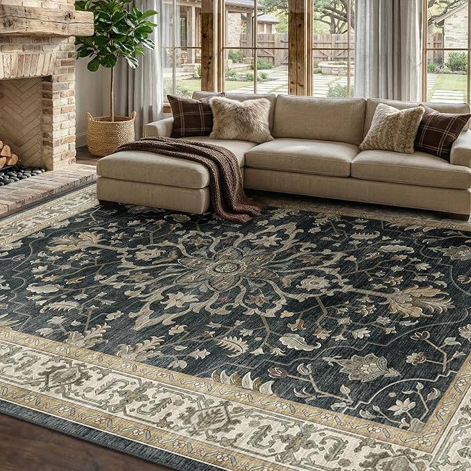 RELEANY Washable Area Rug, 7'x10', Black/Vintage/Beige | Non-Slip, Water Repellent, Pet Friendly, Easy to Clean, Vintage Floral Boho Decor for Living Room Bedroom Dining Room Office