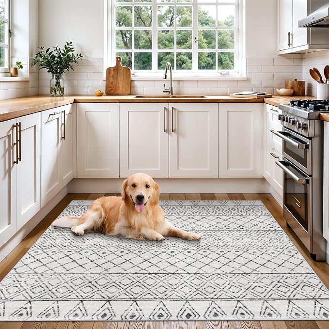 Washable Square 4x4 Moroccan Rug:Modern Boho Non Slip Area Rugs Grey | Geometric Print Carpet for Bedroom Living Room Dining Room Low Pile Easy Clean - Floor Mat for Family with Pets