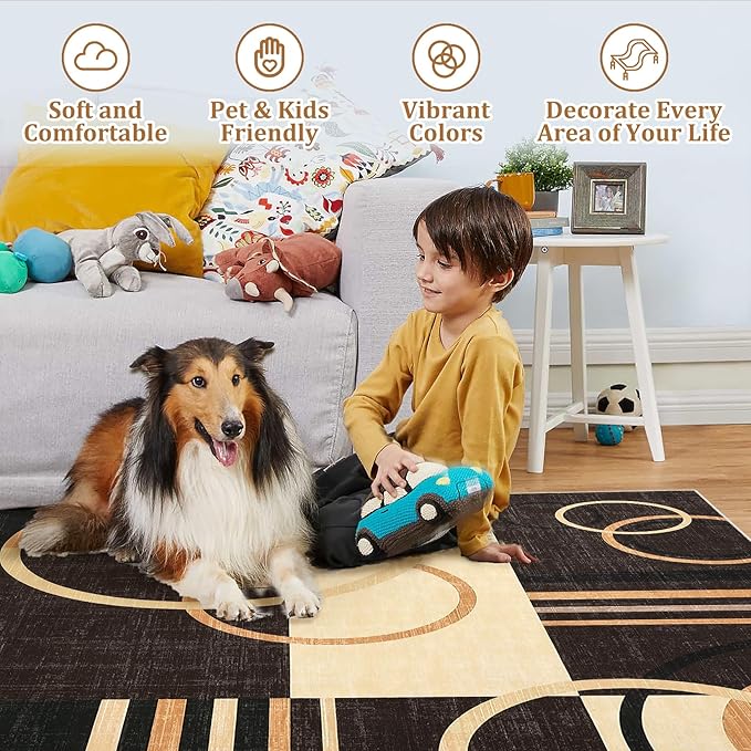 RUGSREAL 9x12 Washable Rugs Abstract Circles Rug Low Pile Throw Carpet | Contemporary Modern Area Rugs Stain Resistant Accent Rug for Bedroom Living Room
