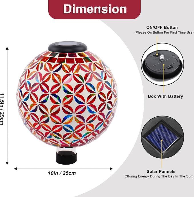SAVENNA Mosaic Solar Gazing Ball 10 Inch, Glass Garden Globe with Auto On/Off for Yard, Lawn & Outdoor Decor, Multicolor Geometric