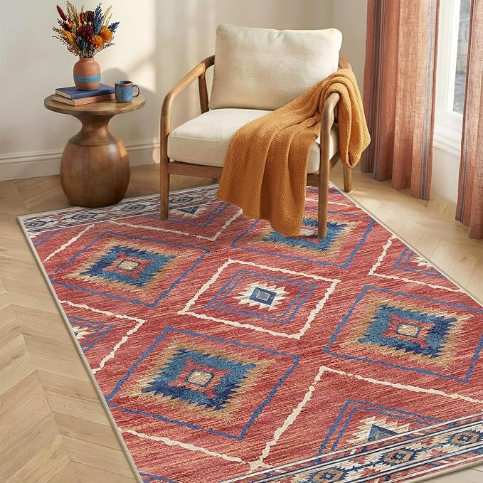 4'x6' Washable Area Rug for Living Room Bedroom Red/Orange | Soft Western No Slip Low Pile Print Foldable Indoor for Kitchen Dining Room