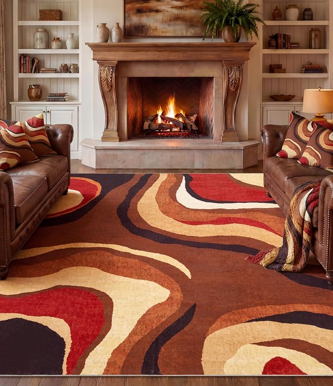 Burnt Orange Rug 8x10 Washable,Alfombras para Salas,Farmhouse Brown Retro Carpets,Geometric Abstract Wavy Rug for Living Room,Unique Colorful Rugs for Bedroom,Dining Room