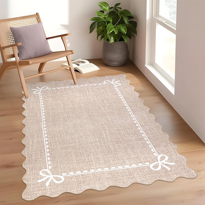 GarveeHome Scalloped Bow Rug 3x5 Washable Camel Rug for Bedroom Living Room | Non Slip Soft Low Pile Indoor Carpet for Nursery Girls Bedroom Decor Hallway Kids Room College Dorm Playroom