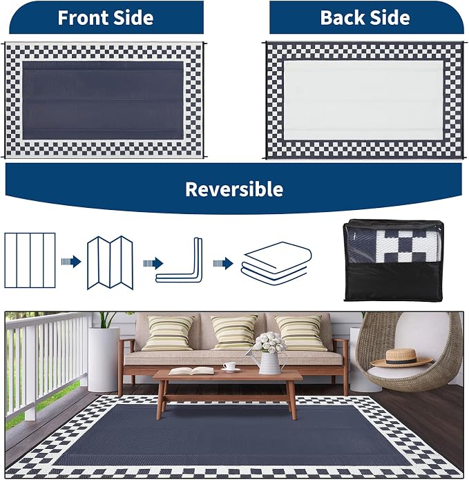 Outdoor Rug 8x10 Waterproof Patio Rugs Modern Geometric Border Reversible Mat for Front Door Rv Foldable Plastic Straw Carpet for Travel Trailers, Deck, Porch, Camper, Balcony, Beach，Blue