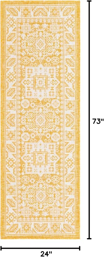 Unique Loom Outdoor Aztec Collection Area Rug - Chalca (2' x 6' 1" Runner, Yellow/ Ivory)
