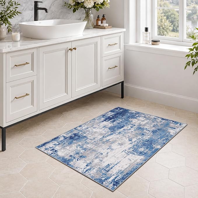 RELEANY Washable 2'x3' Abstract Area Rug for Living Room Blue Gray | Carpet for Bedroom, Kitchen, Office, Hallway and Entryway, Printed Pattern, Non‑Slip, Soft, Stain‑Resistant, Easy to Clean