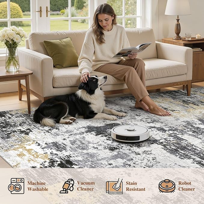 UERMEI 10x12 Area Rug for Living Room - Washable Neutral Modern Abstract Carpet, Non-Slip Soft Large Indoor Floor Rugs for Bedroom Home Office & Under Dining Table Decor, Black/White/Gold
