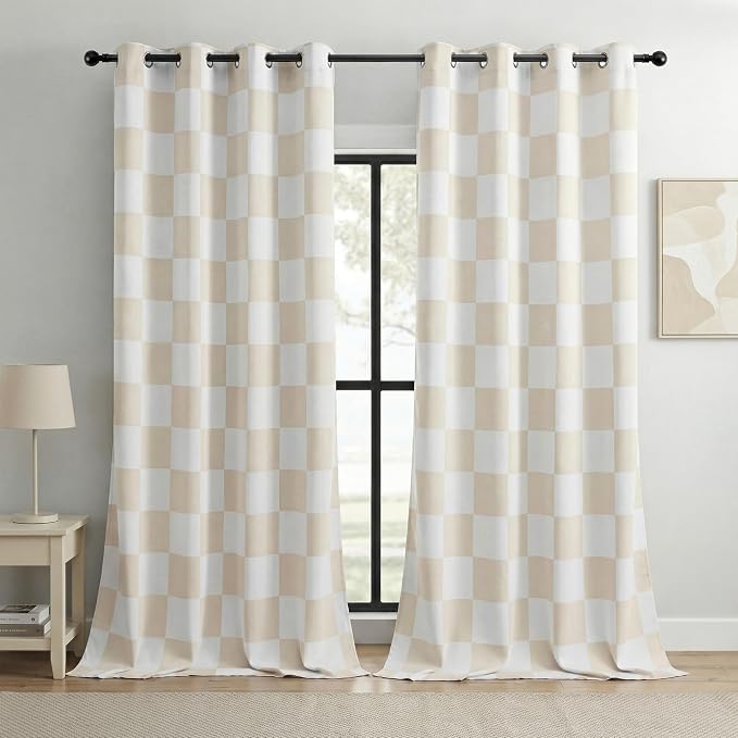 100% Blackout Checkered Curtains – 2 Panels, Each W52×L84, Thermal Insulated, Nosie Reducing for Bedroom, Modern Cream and White Checkerboard Design
