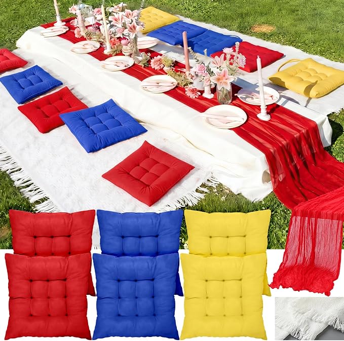 Extra Large Outdoor Picnic Blanket with Table Runner and Floor Pillow Cushion for Picnic Wedding Birthday Baby Shower Backyard Decor(91 x 71'',Deep Blue,Red,Lemon Yellow,8 Pcs)