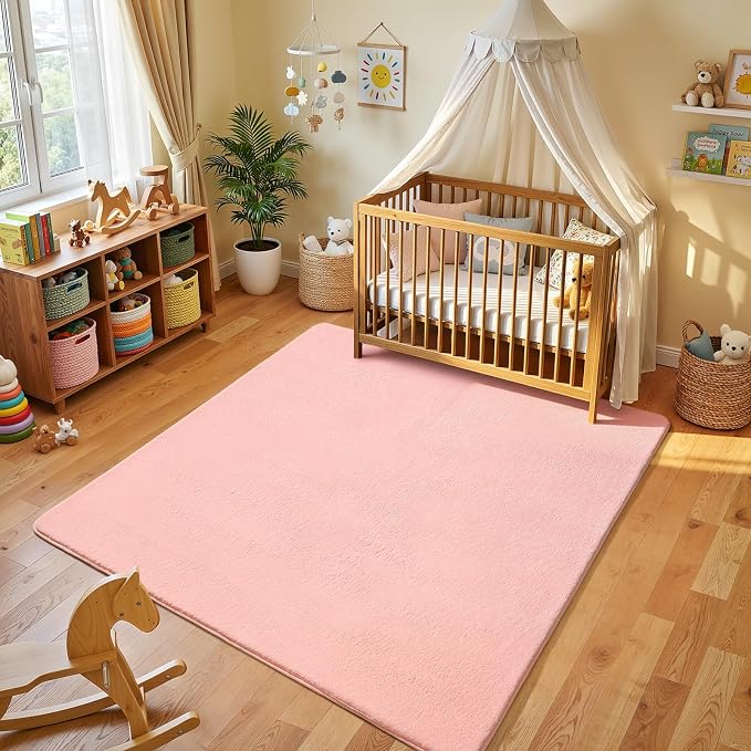 Amearea 4x4 Square Area Rugs for Bedroom Living Room, Pink Memory Foam Rug | Thickened Fluffy Indoor Washable Rug, Modern Non Slip Minimalist Carpet for Entryway Kids Boys Girls Dorm Nursery Room Decor
