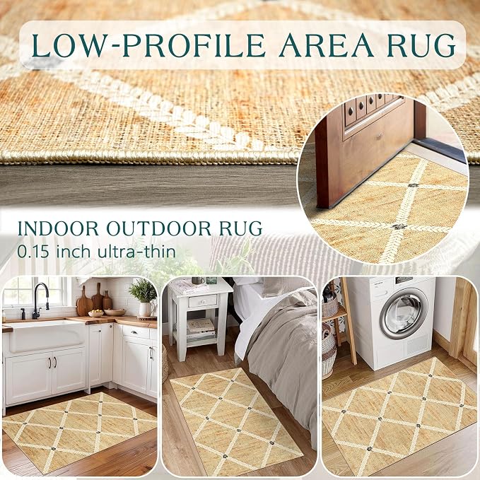 Indoor Front Door Mat, 2x3 Neutral Cottage Geometric Front Door Rug | Non-Slip Washable Doormat Indoor Outside Entrance Woven-Look Farmhouse Small Throw Rugs for Entryway Kitchen Laundry Room